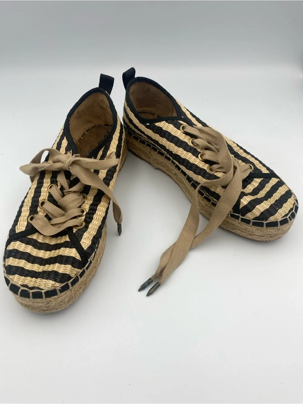 Sam Edelman Black and Natural Striped Espadrille Platform Sneakers